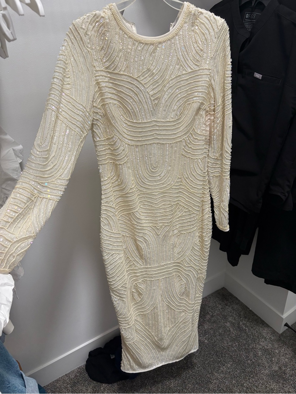 ASOS Cream Beaded Long-Sleeve Midi Dress